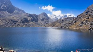 In this photo, there's a beautiful view of Gosaikunda Lake on a clear weather day when viewed from the lakeside. You'll reach this lake on 3rd day of this trek.