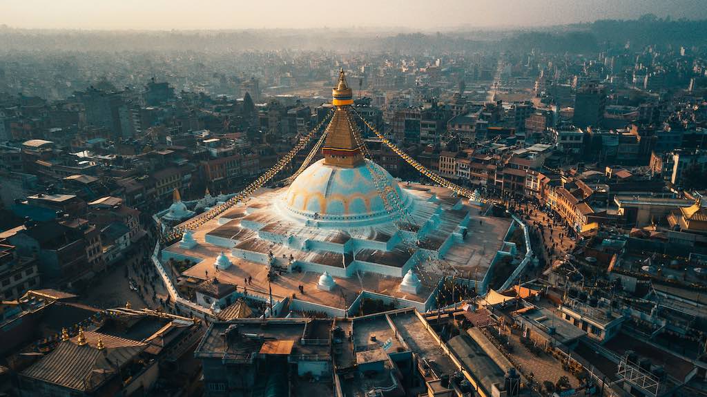 Aerial view of Boudhanath Stupa in Kathmandu