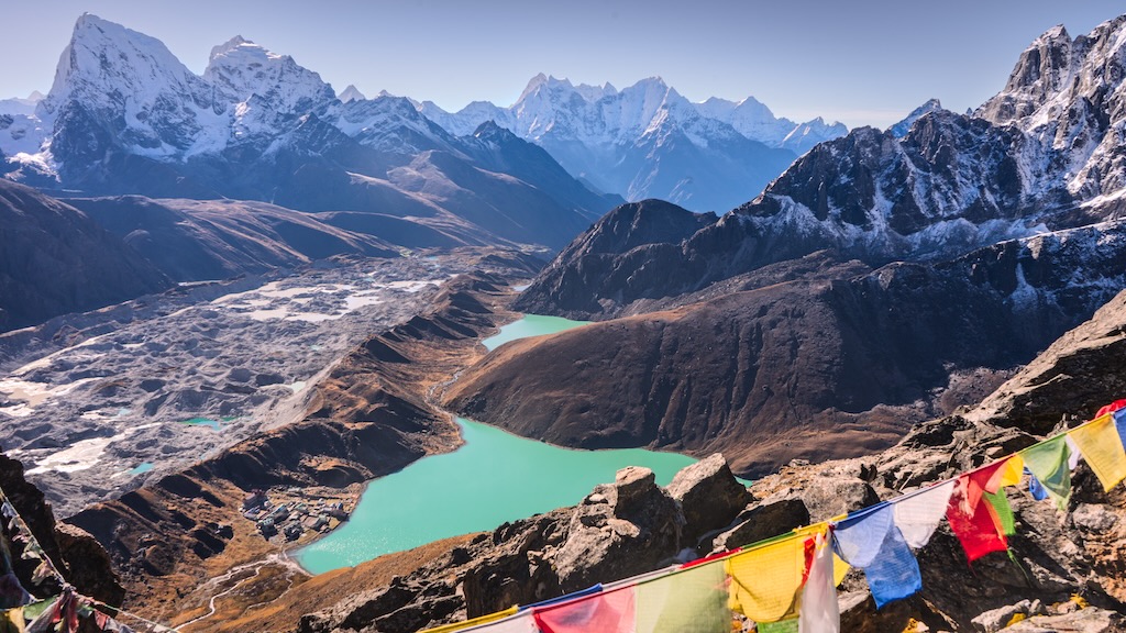 Wholesome view of Gokyo Lakes, Ngozumpa Glacier, and elegant mountains