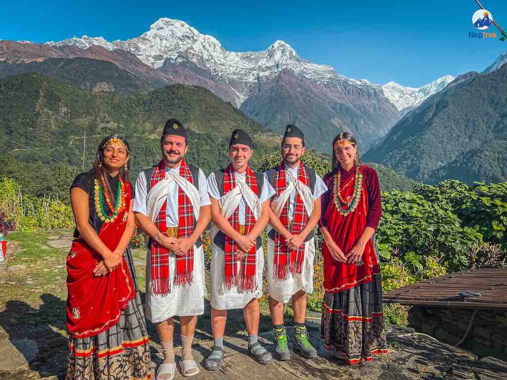 Our clients with traditional Gurung attire at Ghandruk