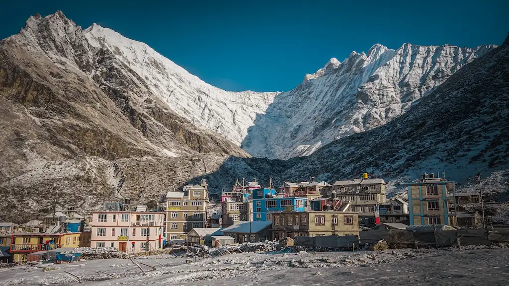 Snowy Kyanjin Gompa with picturesque Langtang Lirung in backdrop