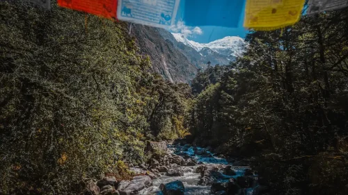 Spectacular view of Langtang Lirung with cascading Langtang River
